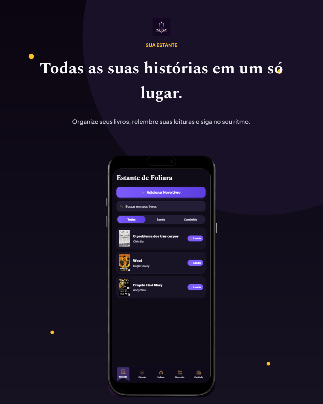 Tela da Estante no aplicativo Foliara