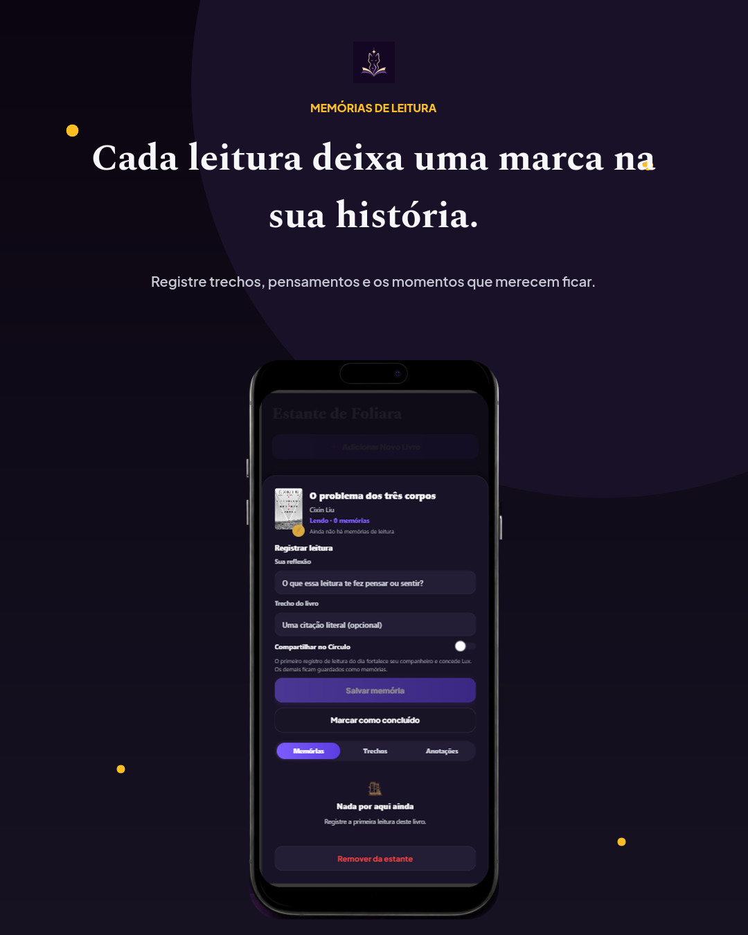 Tela para registrar memórias de leitura no aplicativo Foliara